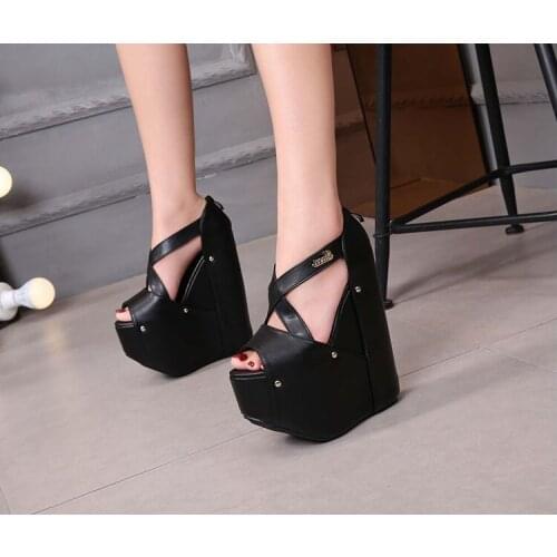 18cm High Heels Platform Wedges Shoes Black High Heels With Cross Straps Ladies Platform Shoes Ultra Heels Chunky Heel Shoes