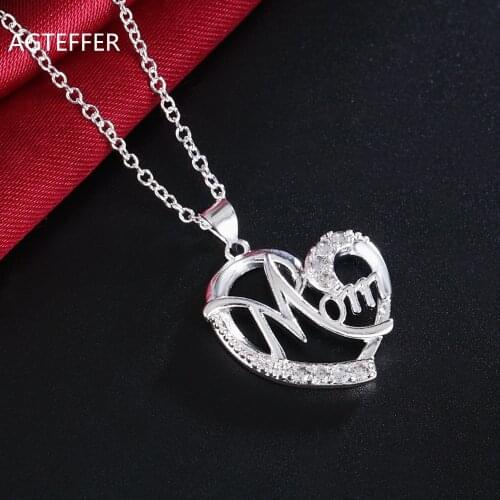 AGTEFFER 925 Sterling Silver 18 Inch Mom AAA Zircon Heart Pendant Necklace For Women Fashion Wedding Party Charm Jewelry