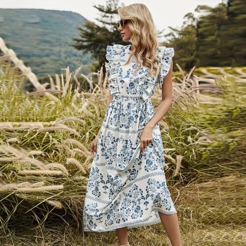 DUISNENA long boho summer dress blue floral print backless robe dress vintage women dresses butterfly sleeve dress vestidos