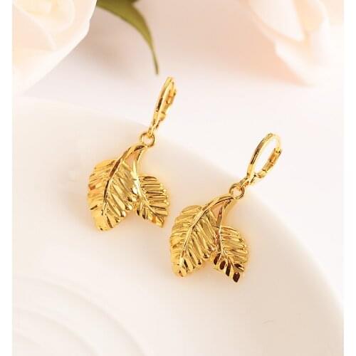 Gold drop earring lovely leaf flower rose Gold Dubai african wedding bridal party Jewelry for women Mom kids Valentine'Gifts
