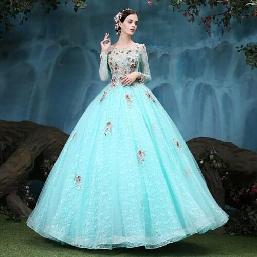 100%real light green lace embroidery flower coffee golden ball gown rhinestone Medieval Renaissance Gown Victorian Belle Ball