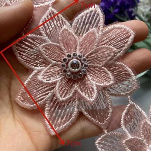10x Pink 7x7cm Cotton Embroidered Pearl 3D Flower Lace Trim Ribbon Fabric Handmade DIY Wedding Dress Sewing Supplies Craft New