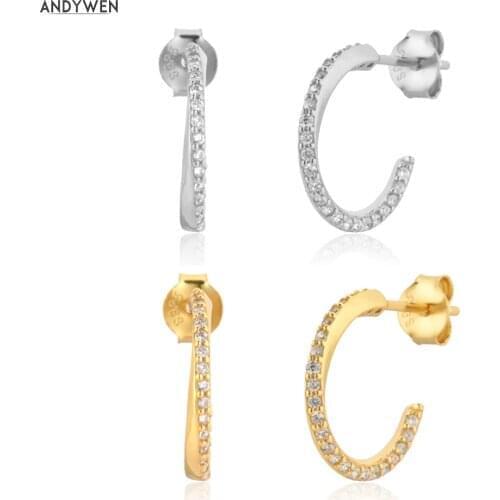 ANDYWEN 925 Sterling Silver Crystal Zircon Pave Hoops Rock Punk Clips Pendiente Luxury Huggies Piercing Party Wedding Jewelry