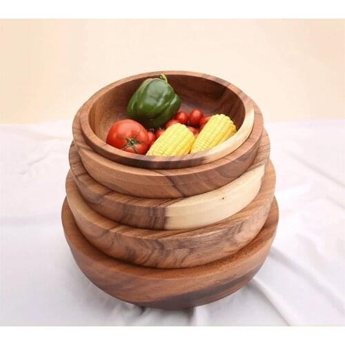 Large Size Salad Bowl Thicken Wooden Pan Plate Fruit Dishes Saucer Dessert Dinner Bread Wood Plates Rice Storage Bowl