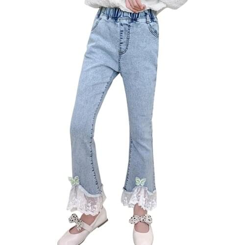 Jeans Girl Lace Floral Jeans For Girls Casual Style Kids Jeans Spring Autumn Childrens Clothing 6 8 10 12 14