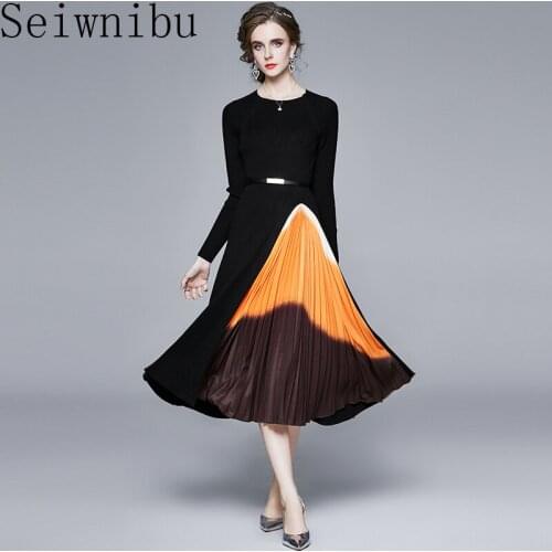 Seiwnibu Elegant Knitted Pleated Midi Dress 2020 Fall Winter Long Sleeve Vintage Black Print Long Formal Party Dress