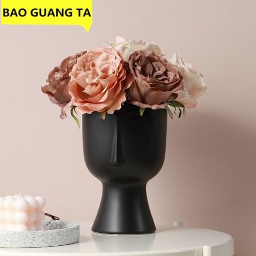 BAO GUANG TA Nordic Ceramic Arts Black Human Face Vase Decor Interest Statue Model Vase Flower Pot Home Decoration R5458