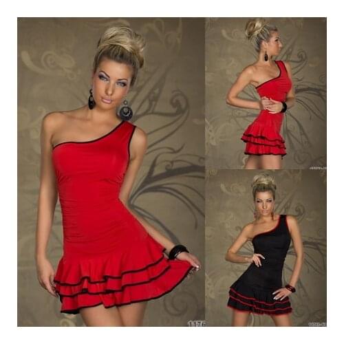 ML17656 Cheap Hot Sale Sexy Ruffles Girl Dress One Arm Dancer Short Dress One-shoulder One Piece Mini Dress Black Red