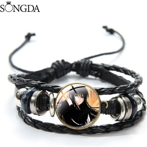 Japan Retro Anime Nurarihyon No Mago Rikuo Nura Leather Bracelet Handmade Cartoon Printed Glass Dome Buckle Multilayer Bracelets