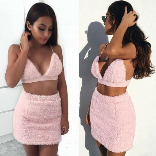 Summer Womens Sexy Fur Sleeveless Vest Top+Skirt Suit Club Party Evening Short Pink Mini Dress Clothes Set