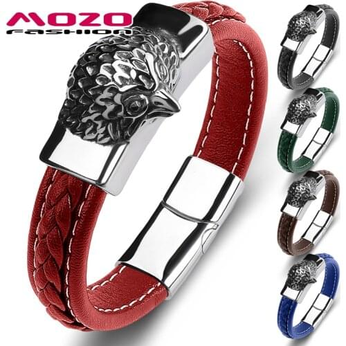 MOZO FASHION Men Bracelets Classic Eagle Stainless Steel Multi Color Genuine Leather Charm Wholesale Dropshipping Jewelry 133