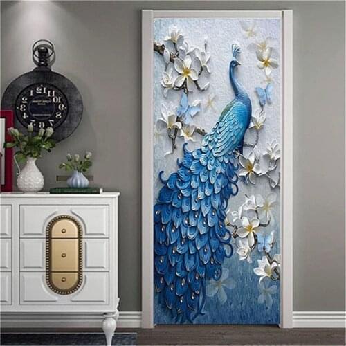 Retro Peacock Sticker On The Door Peel & Stick PVC Mural Home Decor Decal Giraffe Wallpaper Door Decoration DIY wallpaper Poster