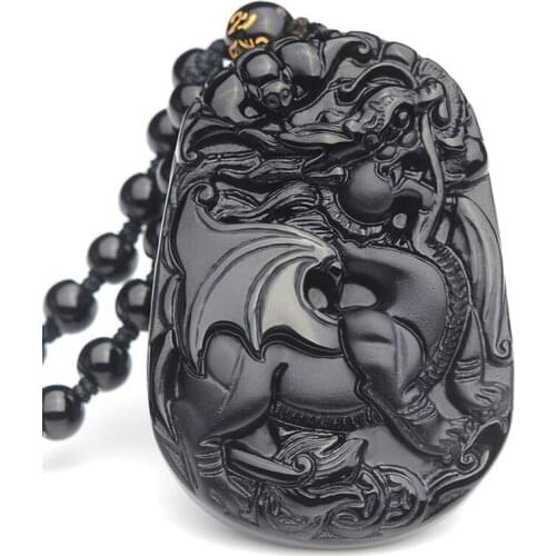 Natural Black Obsidian Flying Pixiu Pendant Necklace For Men Women Lucky Amulet Brave Troops With Round Bead Chain Male Jewelry