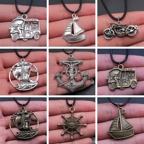 Transportation Pendant Necklace Black Leather Chain Necklace Sailboat Rudder Tricycle Motorcycle Pendant Necklace