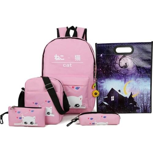 6PCS/SET casual Backpack Student School bag shoulder bag Girl Teenagers dress Children Travel Bag Cute cat Rucksack Pencil case