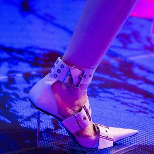 Sestito 2019 The Latest Woman Cool Buckles Embellished Thin High Heels Rock Ankle Boots Girls Pointed Toe Cut-outs Sandals Boots