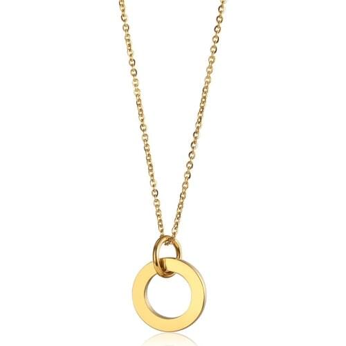 Chic Necklace for Women Gold Color Stainless Steel Round Circle Ring Charm Pendant Rolo Chain Fashion Jewelry LTNS028