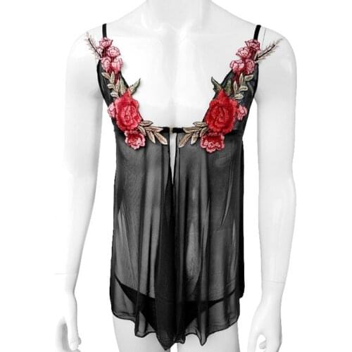 Mens Sissy Lingerie Set Sheer See-through Wetlook Mini Dress with Thong Gay Sexy String Homme Underwear Nightwear Sissy Panties