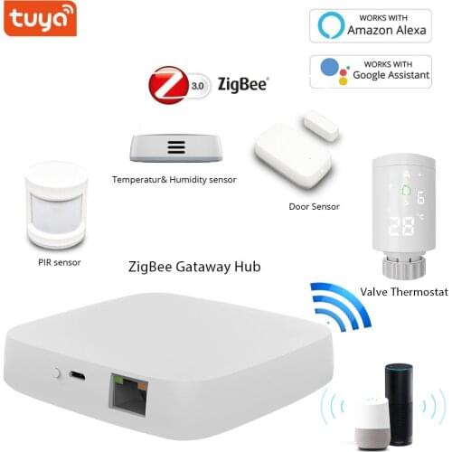 Tuya Zigbee Smart Gateway Hub PIR Door Window Temperature Humidity Sensor TRV Thermostat Works with Alexa and Google Home