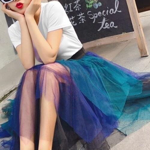 Spring Sweet Multi-color Tulle Patchwork Irregular Skirts Elastic Waist A-line Tiered Mesh Pleated Calf Long Skirts Wholesale
