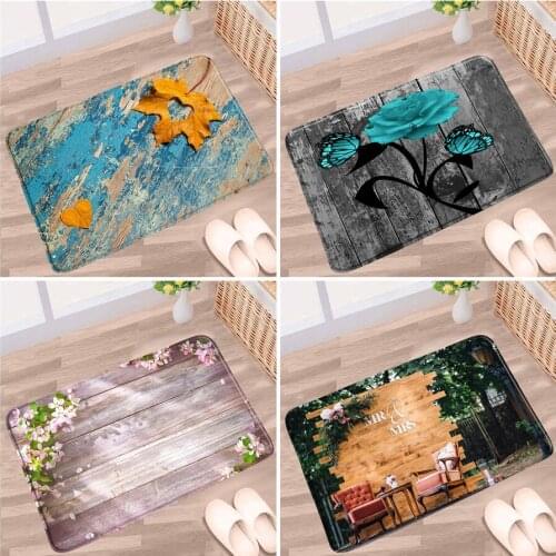 Vintage Old Wood Plank Bathroom Mat Flower Plant Rose Bird Geometric Striped Anti-Slip Rug Bath Kitchen Doorway Aisle Carpet Pad