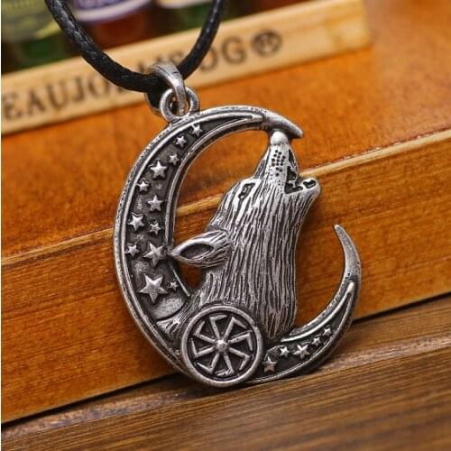 Vintage Wolf in Moon Star Amulet Totem Charm Pendant Annwn For Spiritual Abundance Symbol Talismen Necklace