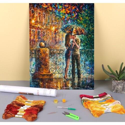 Kiss Under Umbrella Printed Water-Soluble Canvas 11CT Cross Stitch Embroidery Patterns DMC Threads Sewing Counted