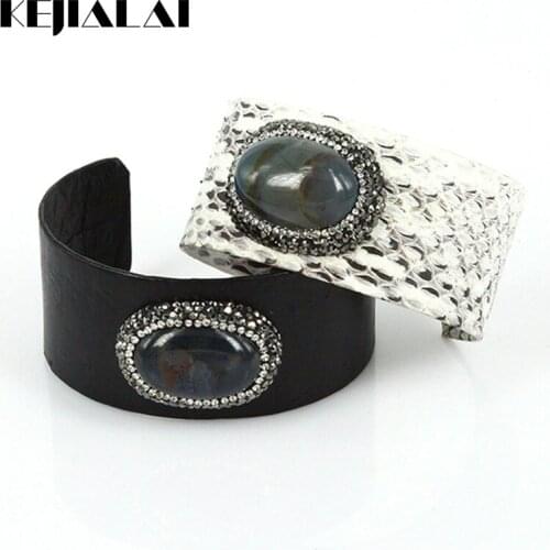 Punk Jewelry Python Leather Bangle for Women Python Leather Natural Stone Pave with Rhinestone Shining Bracelets Adjustable Cuff