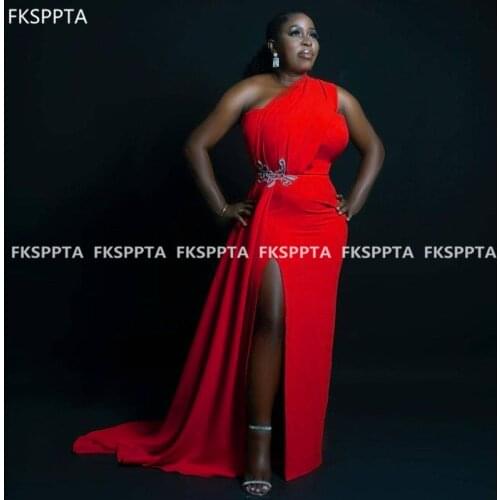 South African Red Long Prom Dresses With Slit One Shoulder Appliques Satin Plus Size Wedding Party Dress 2021 Prom Gowns