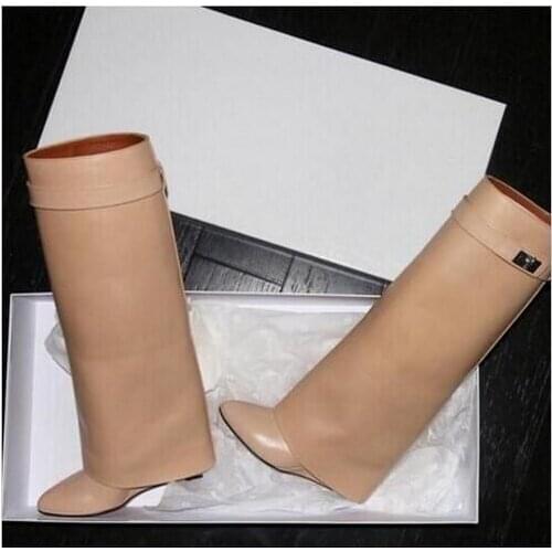 Moraima Snc Hot Selling Pointed Toe Knee High Boots Celebrity Height Increasing Riding Boots Woman Big Size Wedge Shoes Nude