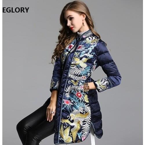 2020 Winter Fashion Duck Coat Outerwear Women Exquisite Embroidery Single Breasted Long Sleeve Warm Parka Down Coat Jacket XXXL