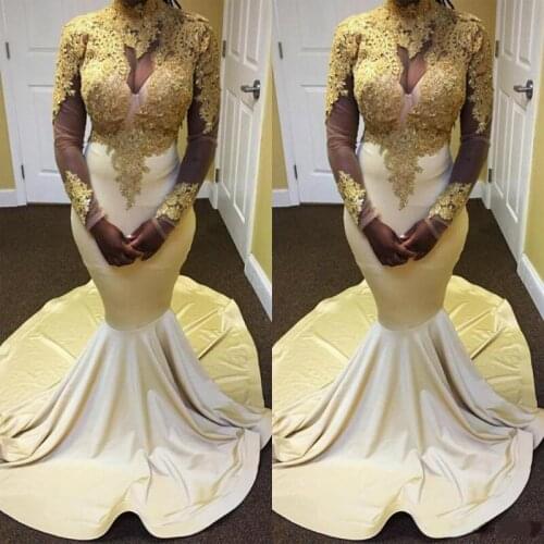 Dubai Arabic Muslim Prom Dresses 2020 Gold Lace Appliques Beads Long Sleeve High Neck Celebrity Evening Gowns Sweep Train Party