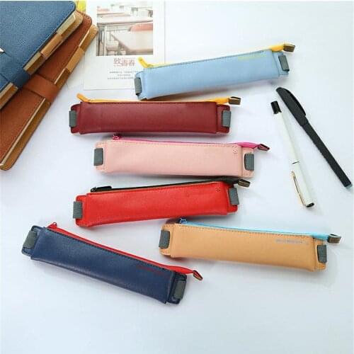 1pc PU Leather Mini Pen Bag Eco-friendly Elastic Buckle Book Pencil Case Storage Bag Kawaii Stationery School Office Supplies