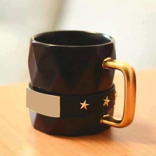 285ML Creative Geometric Rhombus Ceramic Black Mugs Leather Nameplate with Handle Coffee Cups Tea Milk Mug Cup Unique Gifts