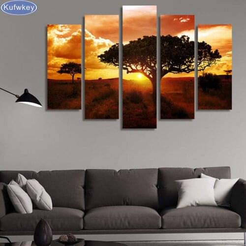 5pcs tree and sunset landscape diy diamond painting square drill diamond embroidery mosaic modern home decoration 3d painting