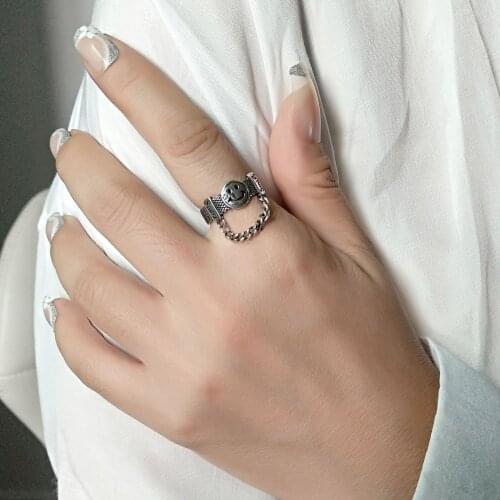 925 Silver Womens Ring Retro Smiley Ring Simple Hip Hop Chain Jewelry Womens Party Ring Couple Jewelry Adjustable