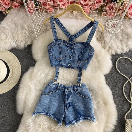 Amolapha Women Summer Single Breasted Strap Vest+Low Waist Tassel Denim Mini Pants Sets Tank Tops+Short Jeans Suit