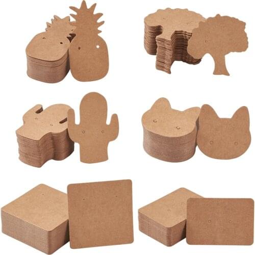 300pcs Earring Display Cards Blank Kraft Paper Tags Mixed Cactus Cat Pineapple Tree Shape for Ear Studs Earrings Jewelry Display