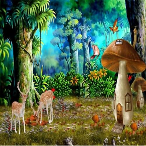 Beibehang Large custom wallpaper beautiful dream forest mushroom sika deer background wall decoration