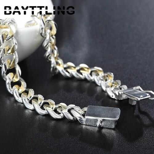 BAYTTLING 8 Inch 925 Sterling Silver 10MM Golden Side Cuban Chain Bracelet Bangle For Woman Man Fashion Wedding Jewelry Gift