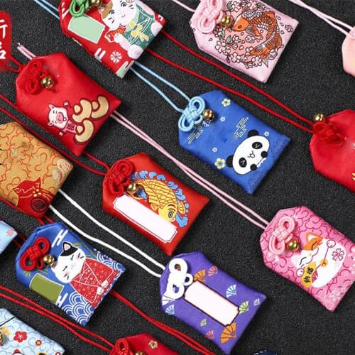 1PCS Embroidered Bless Bag Keychain Omamori Pray Love Health Safe Study Wealth Canvas Small Pouch Decoration Necklace
