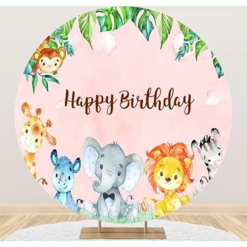 Kids Cartoon Cute Animal Pink Blue Circle Round Backgrounds Photography Birthday Party Photozone Poster Photo Backdrop