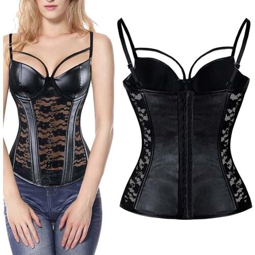 Womens Overbust Corset Bustier Black Sheer Lace Faux Leather Corsets Top Slimming Waist Body Shaper