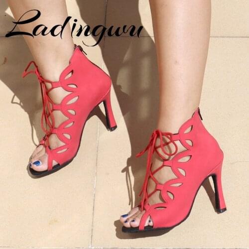 Ladingwu Latin Dance Shoes For Women Salsa Ballroom Indoor Sports Dance Boots Soft Sole Dance Shoes Laser Geometric Pattern