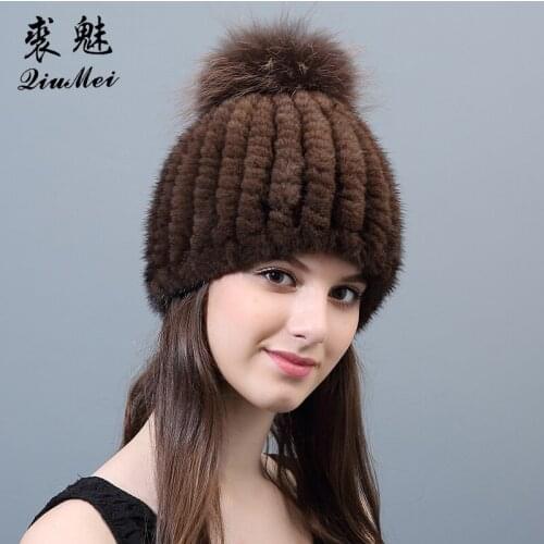 Fur Cap Hats Real Mink Winter 2018 Luxury Hat Casual Mink Fur Hats Female Knitted With Raccoon Fur Pompom Womens Beanie Hats
