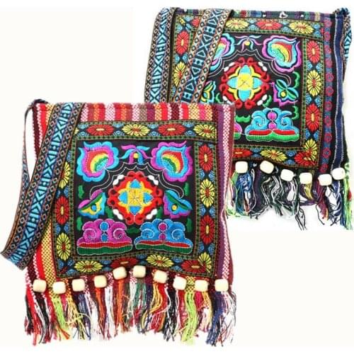 Fashion Hmong Vintage Ethnic Shoulder Bag Embroidery Boho Hippie Tassel Tote Messenger