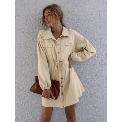 2020 Autumn New Products Hot Sale Fashion Simple Double Pockets Chest Belted Shirt Women Dress