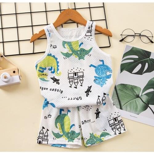 Boys Pajamas Sets 100% Cotton Hollow Vest + Shorts 2 Piece Set Kids Night Wear Summer Cute Pijama Korea Fashion Dinosaur Clothes