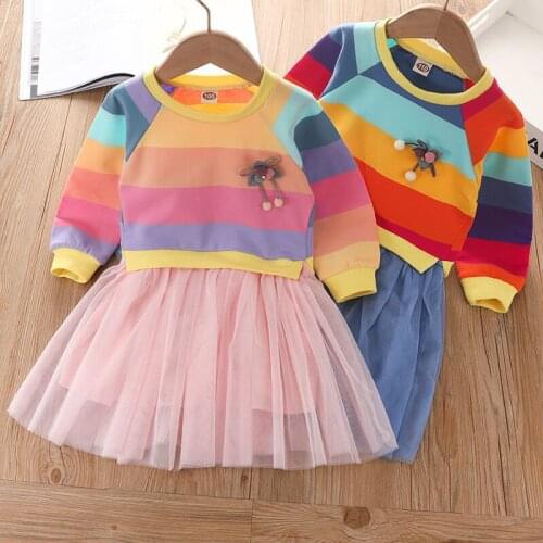 Girls Dress 2021 New Long Sleeve Spring Fall Kids Clothes for Girl Rainbow Striped Mesh Toddler Children Princess Clothing