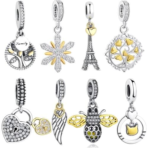 925 Sterling Silver EIFFEL TOWER PENDANT CHARM Gold Heart Bead fit Original Charm Bracelet Necklace DIY Jewelry Accessories